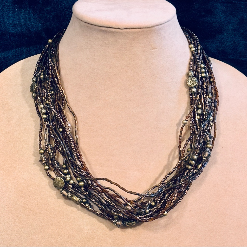 Coldwater Creek Boho Multi Strand Beaded Necklace Bronze Brown Glass Beads 36$
